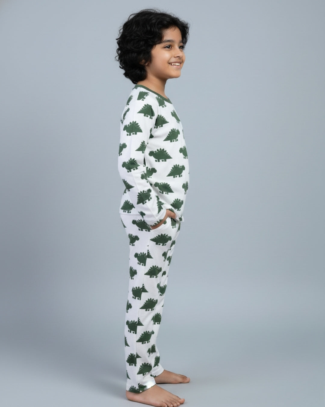 Dinosaur Printed Premium Cotton Full Sleeves White & Green T-Shirt & Pyjama Set for Kids