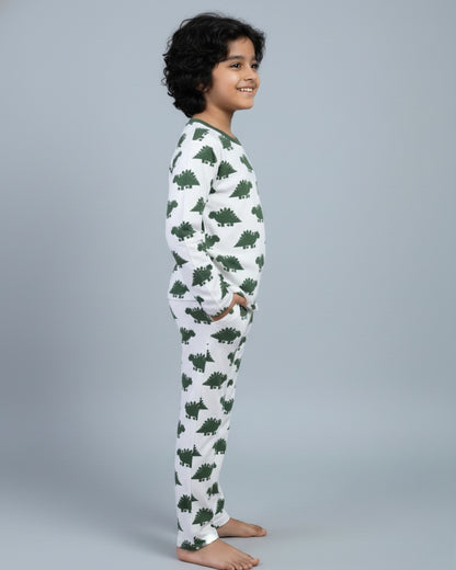 Dinosaur Printed Premium Cotton Full Sleeves White & Green T-Shirt & Pyjama Set for Kids
