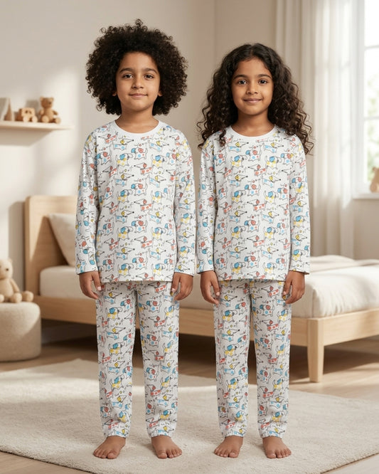 Puppy Printed Premium Cotton Full Sleeves Multicolor T-Shirt & Pyjama Set for Boys & Girls