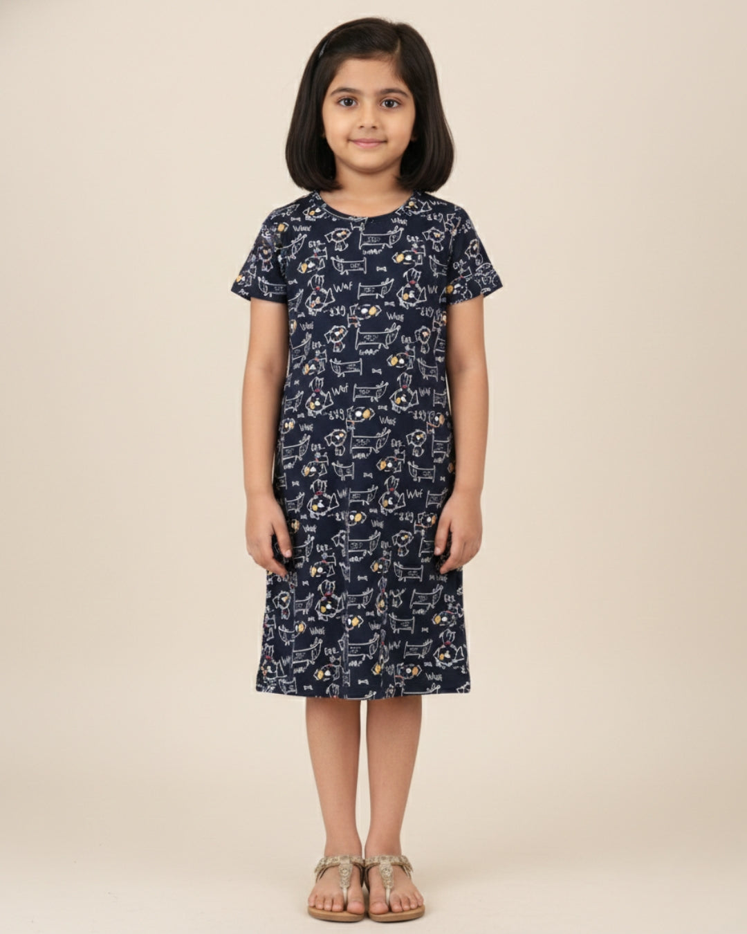 Girls Puppy Print 100% Cotton Nightdress - Black