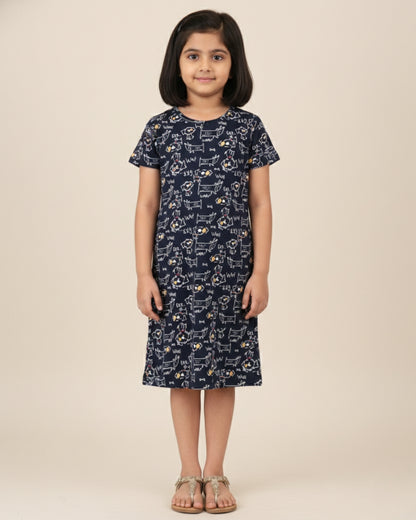 Girls Puppy Print 100% Cotton Nightdress - Black