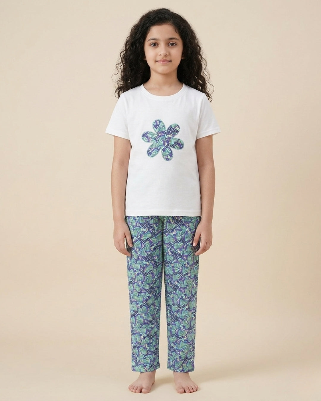 Floral Printed Premium Cotton Half Sleeves White T-Shirt with Multi Pyjama for Girls
