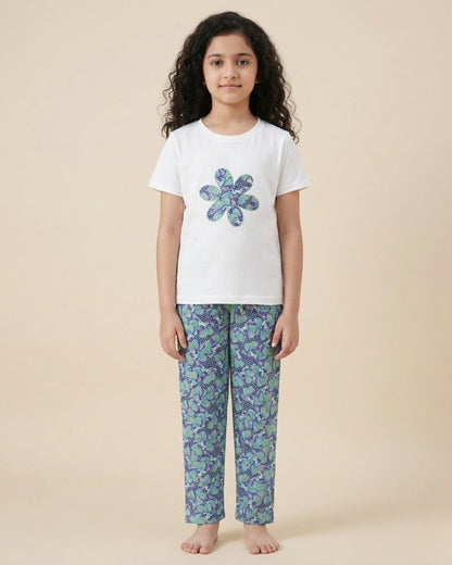 Floral Printed Premium Cotton Half Sleeves White T-Shirt with Multi Pyjama for Girls