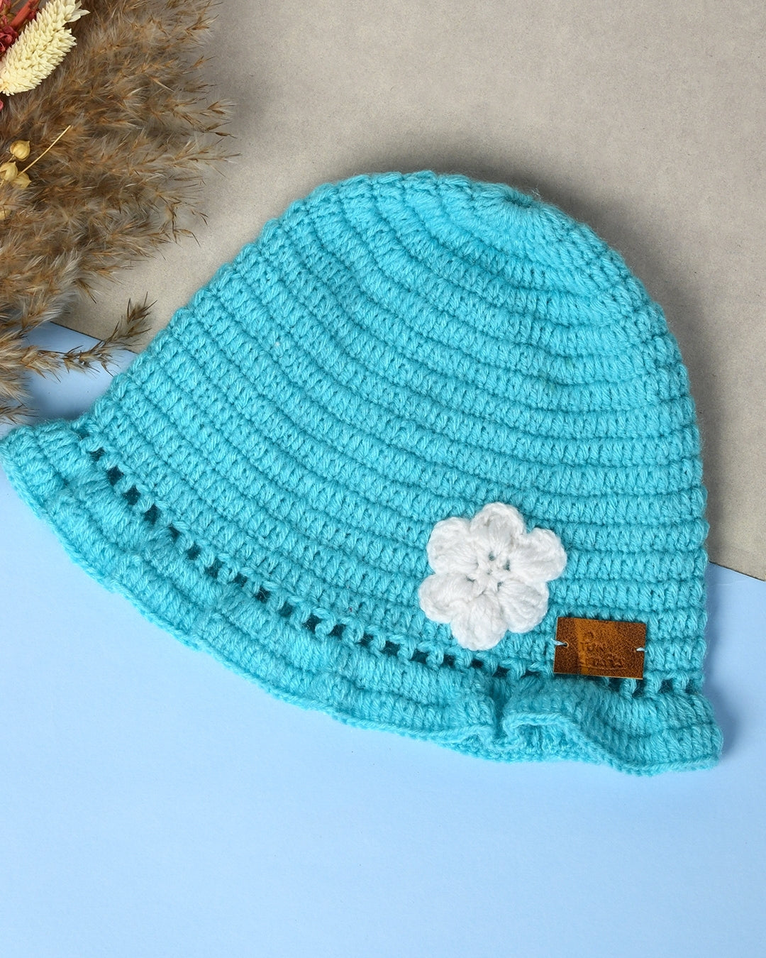 Blue Self Design Beanie Handmade Knitted Woollen Cap for Girls
