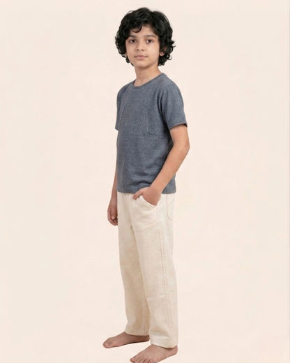 Navy Blue Stone Wash Solid T-Shirt with Off-White Bottom for Boys