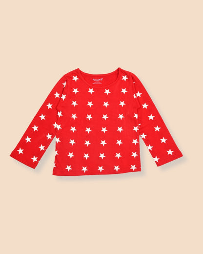 Red & White Stars Print Cotton Kids Night Suit