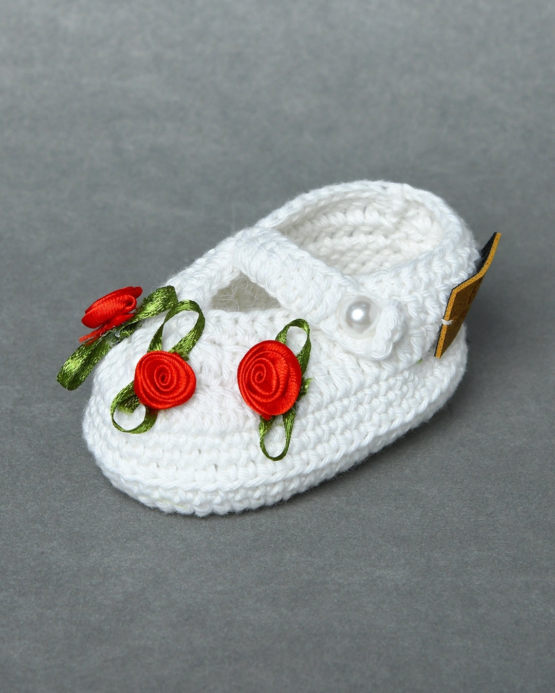 White Handmade Organic Thread Crochet Booties with Red Floral Embellishment for Girls