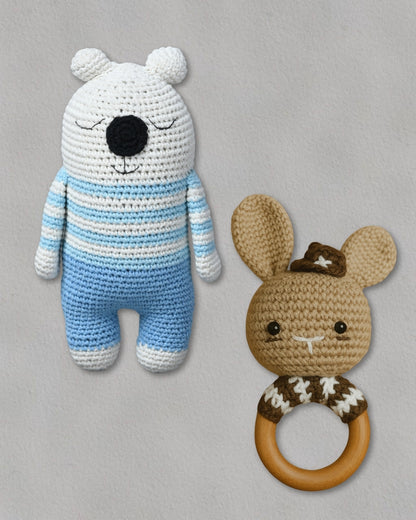 Handmade Crochet Chill Guy Toy and Rattle Set for Toddlers Soft and Safe