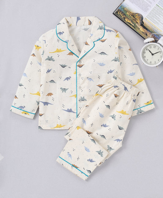 Off White Dinosaur Printed Pure Cotton Night Suit for Kids