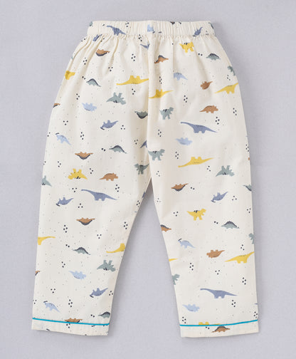 Off White Dinosaur Printed Pure Cotton Night Suit for Kids