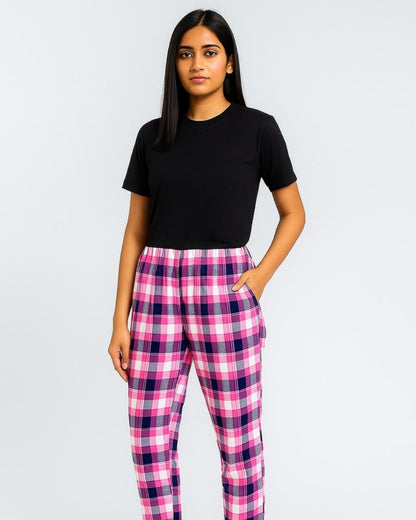 Pink & Black Premium Cotton Check Printed T-Shirt & Pyjama Set for Women
