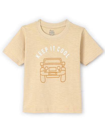 Car Printed Premium Cotton Half Sleeves Yellow T-Shirt with Green Jogger for Boys