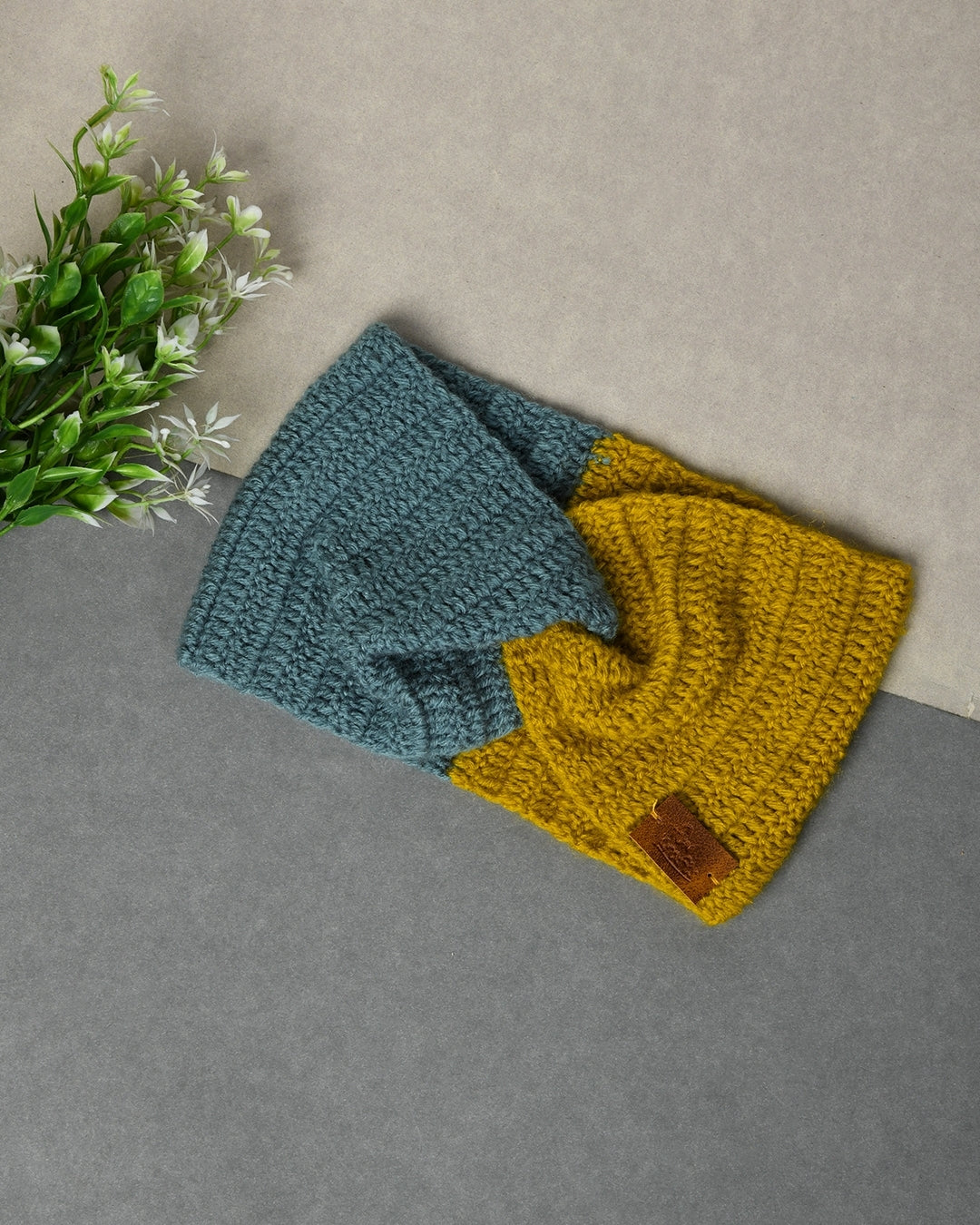 Blue & Mustard Self Design Handmade Woollen Ear Warmer Muffs Headband for Kids