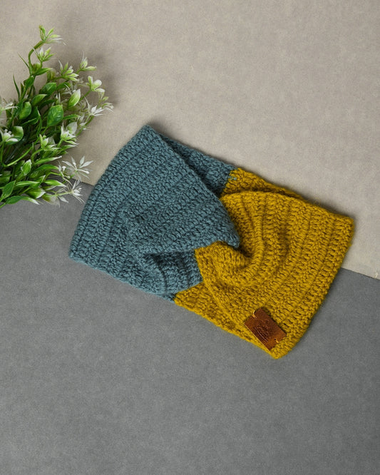 Blue & Mustard Self Design Handmade Woollen Ear Warmer Muffs Headband for Kids