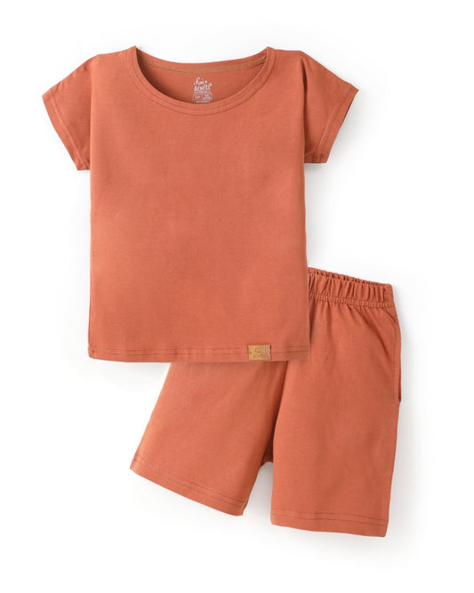 Brown Solid Premium Cotton T-Shirt & Shorts Set with pockets for Girls