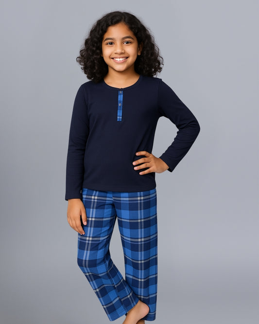 Blue Checks Printed Cotton Nightwear for Girls