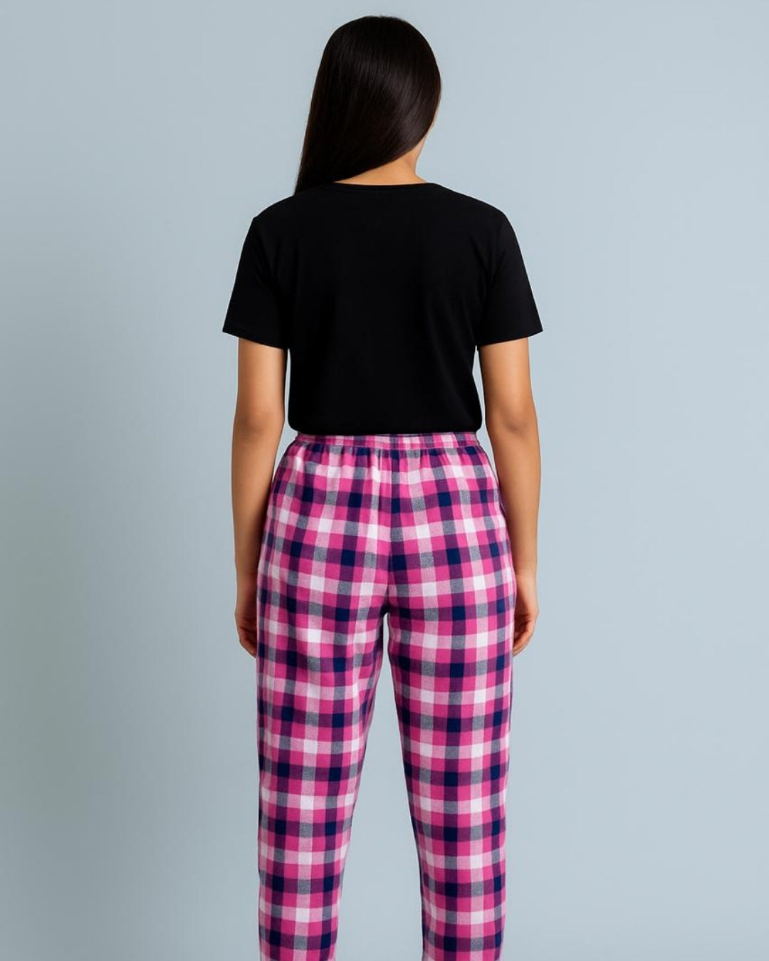 Pink & Black Premium Cotton Check Printed T-Shirt & Pyjama Set for Women