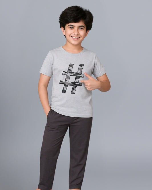 Grey Hashtag Printed Cotton Boys Night Suit