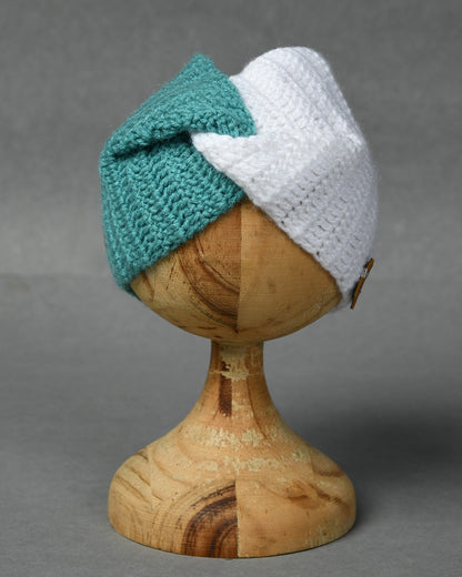 White & Green Self Design Handmade Woollen Ear Warmer Muffs Headband for Kids
