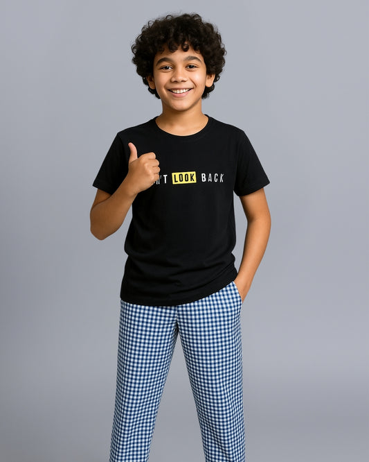 Black Checks Printed Cotton Night Dress For Kids