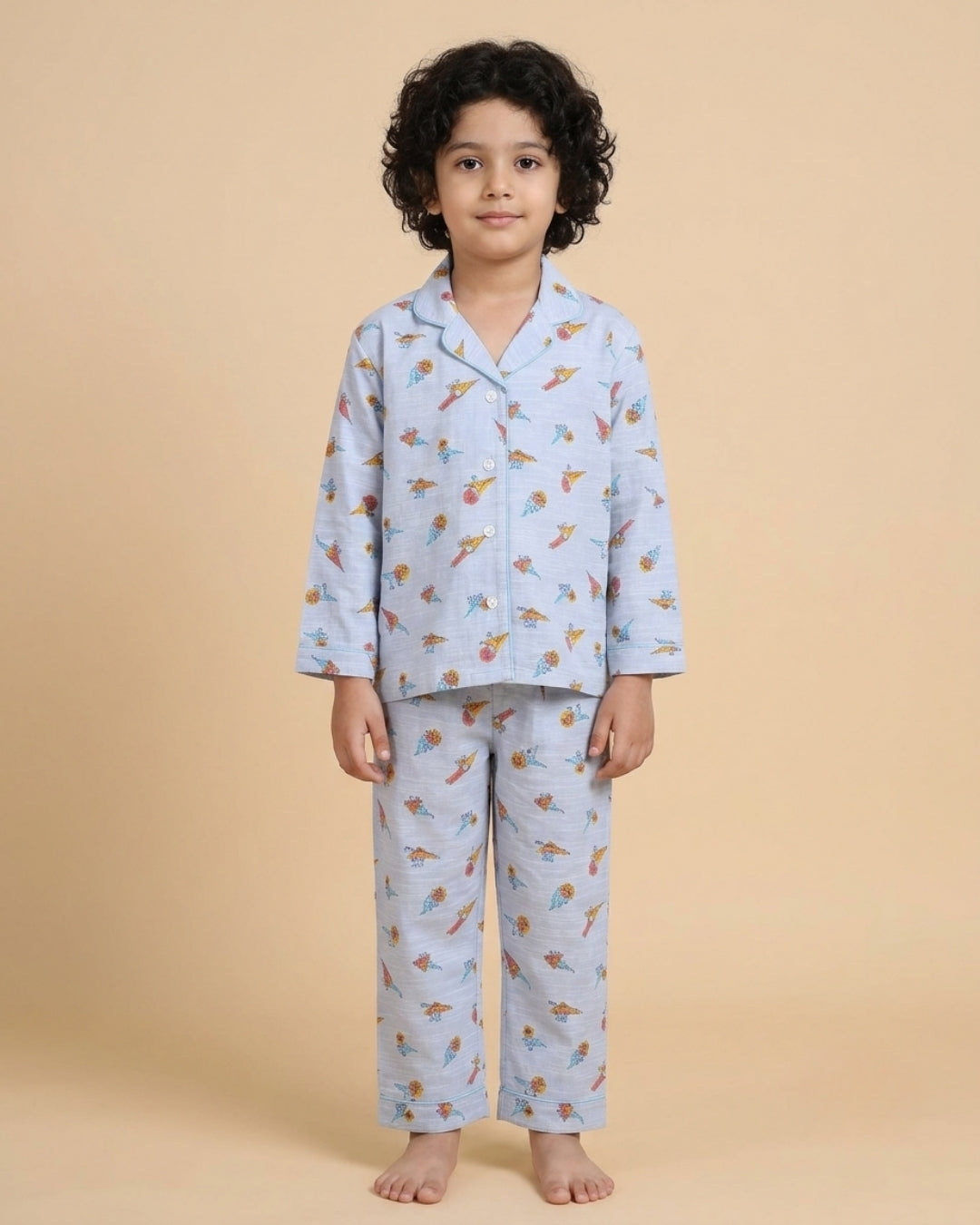 Blue Dinosaur Printed Cotton Night Suit for Boys & Girls