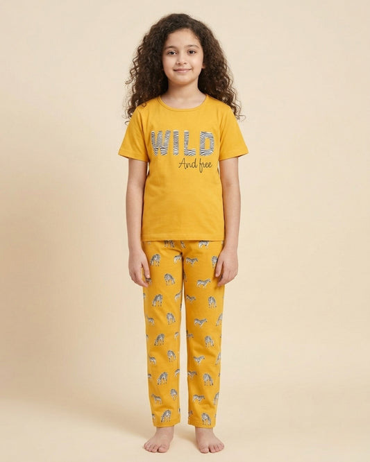 Mustard Zebra Printed Cotton Nightwear for Girls