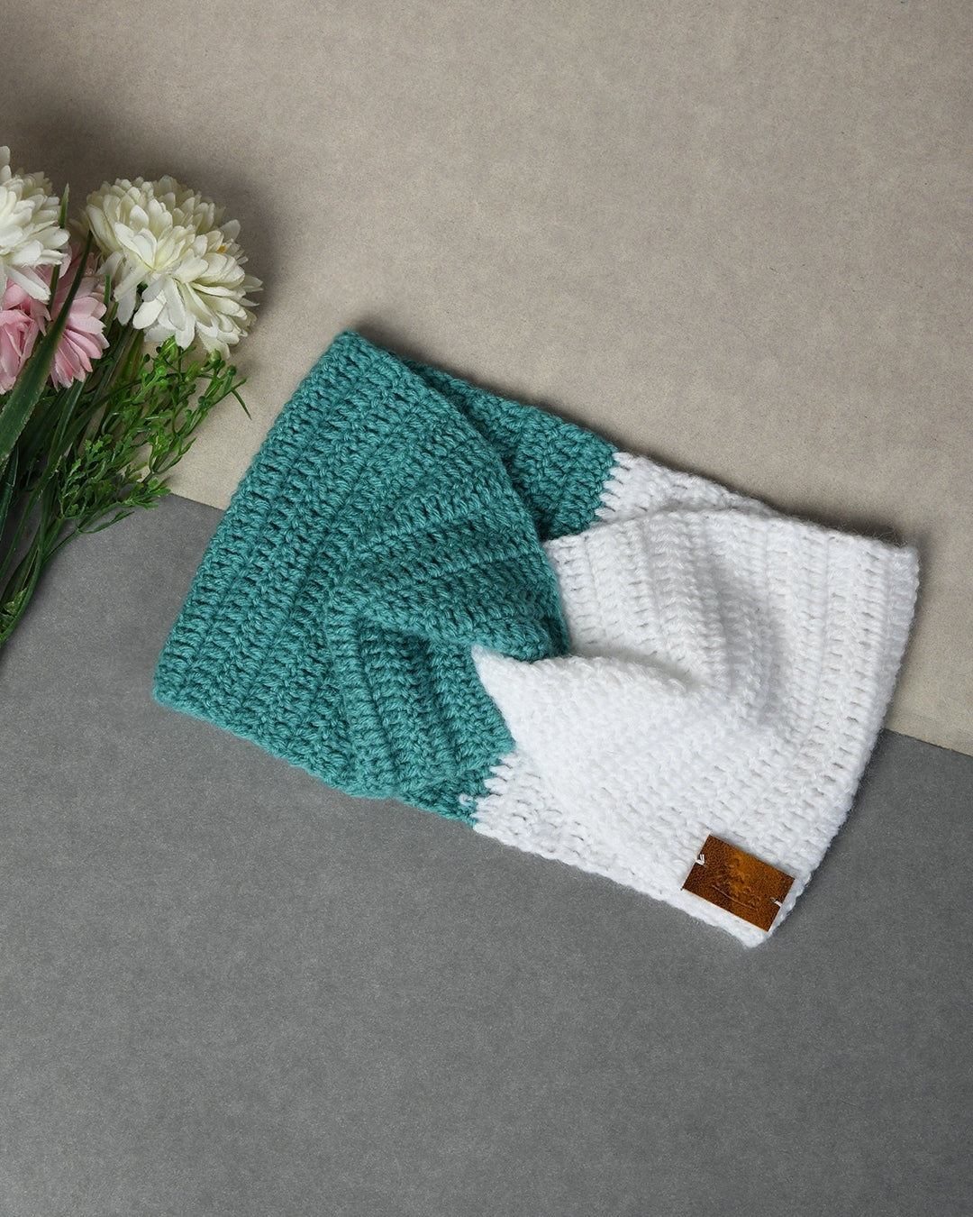 White & Green Self Design Handmade Woollen Ear Warmer Muffs Headband for Kids