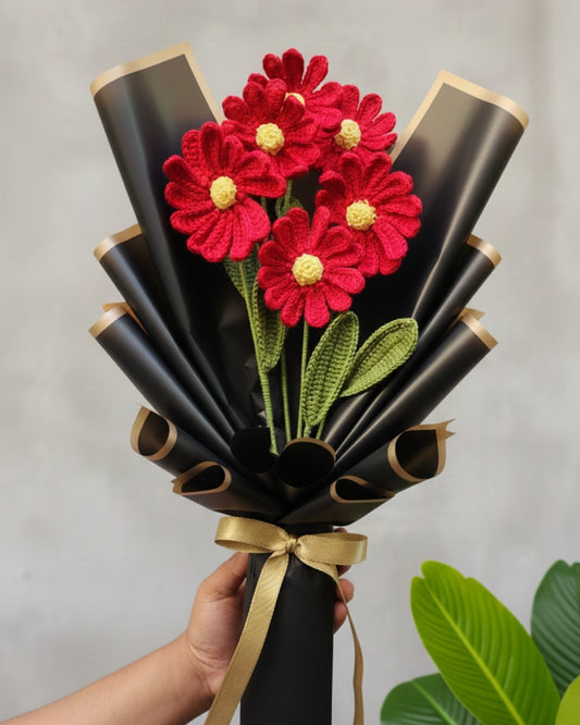 Handmade Crochet Red Daisy Flower Bouquet