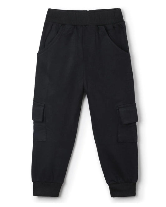 Black Loop Knit Cotton Cargo Jogger with Pockets for Boys & Girls