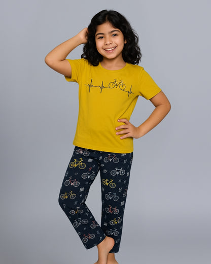 Girls Mustard & Navy Bicycle Printed Night suit