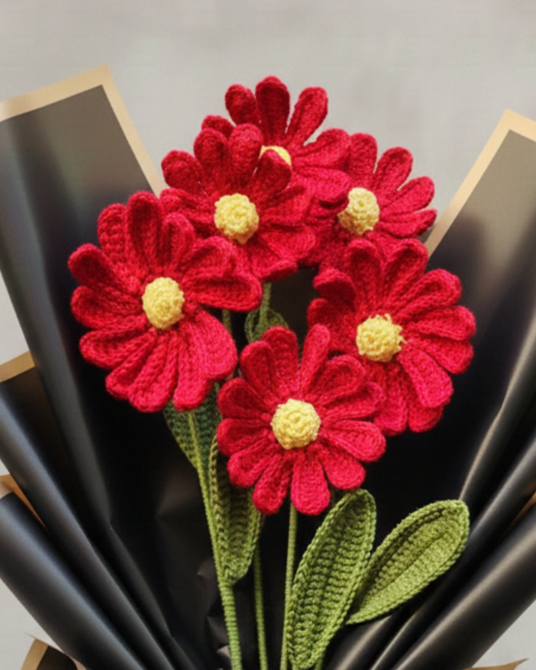 Handmade Crochet Red Daisy Flower Bouquet