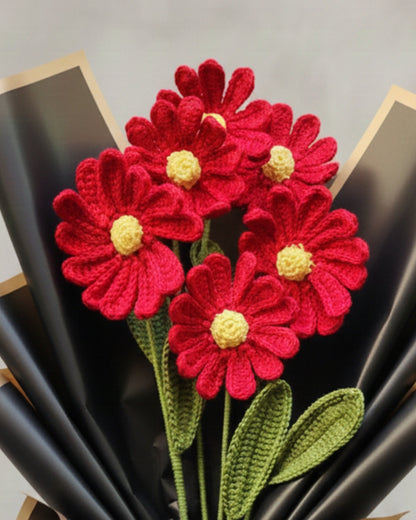 Handmade Crochet Red Daisy Flower Bouquet