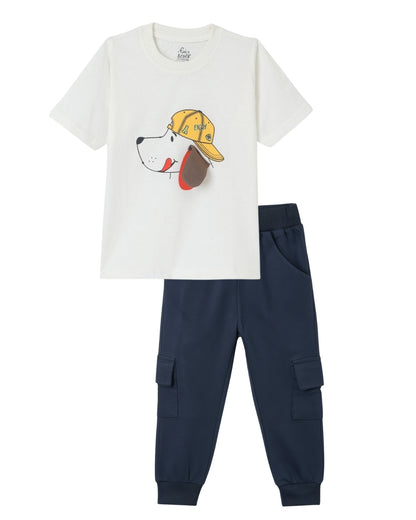 Puppy Printed Premium Cotton Half Sleeves White T-Shirt with Navy Blue Jogger for Boys