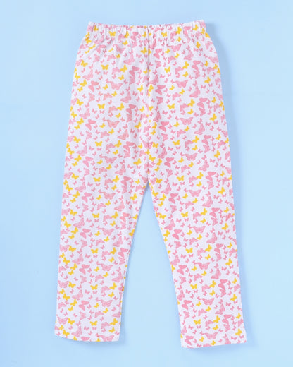 Pink Cotton Knit Full Length Butterfly Printed Pajama