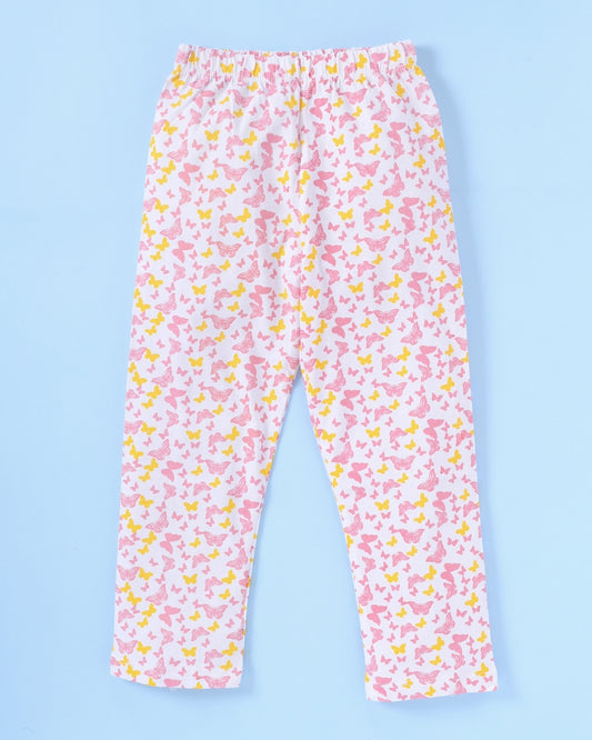 Pink Cotton Knit Full Length Butterfly Printed Pajama