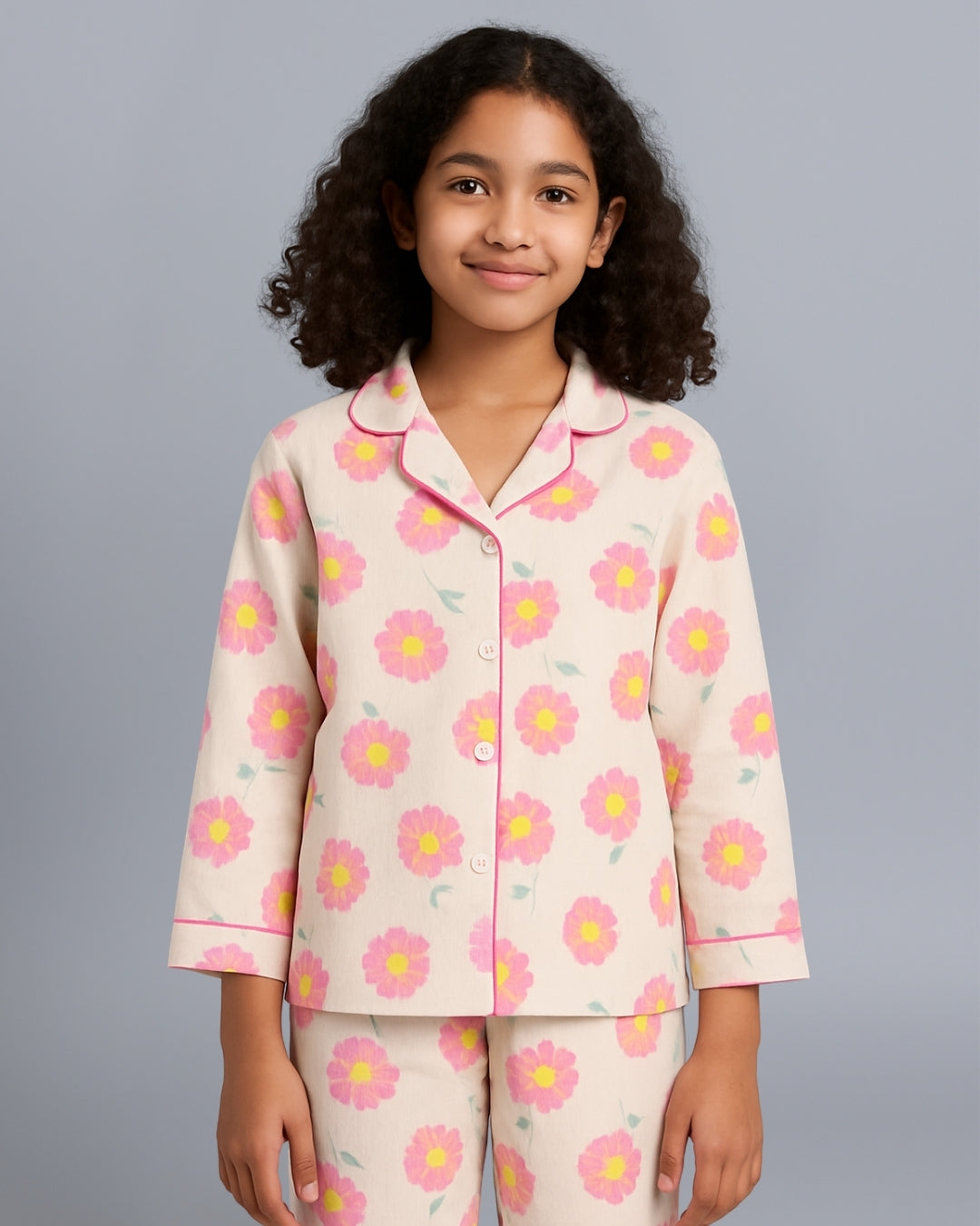 Off White & Pink Premium Cotton Full Sleeves Floral Printed Collar Style Nightsuit for Girls