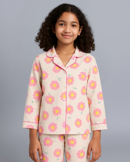 Off White & Pink Premium Cotton Full Sleeves Floral Printed Collar Style Nightsuit for Girls