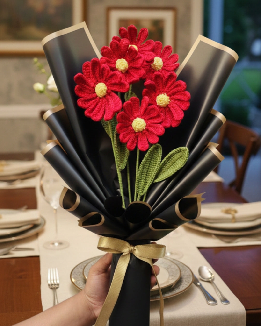 Handmade Crochet Red Daisy Flower Bouquet