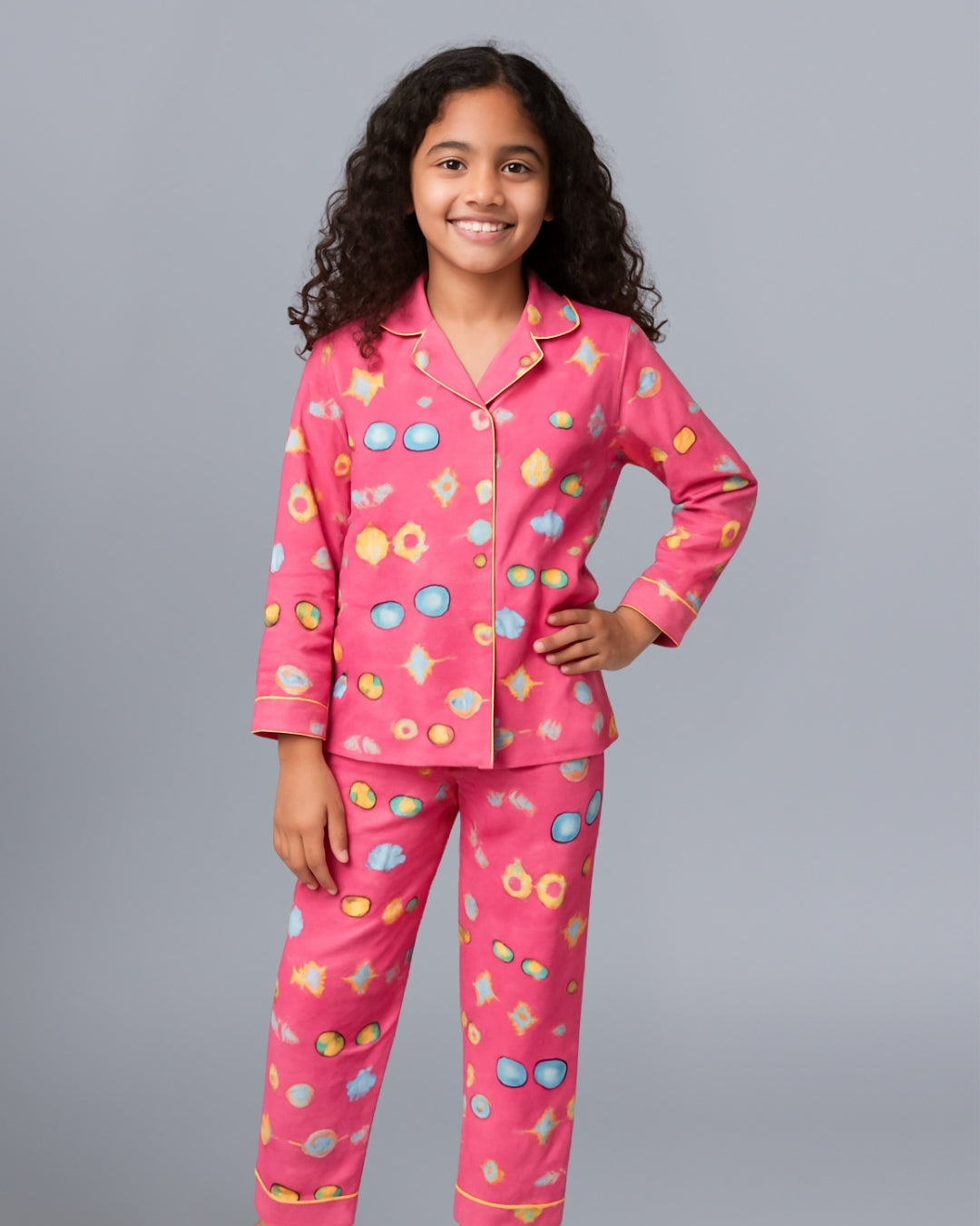 Pink Premium Cotton Full Sleeves Printed Collar Style Pyjama & T-Shirt Set for Girls