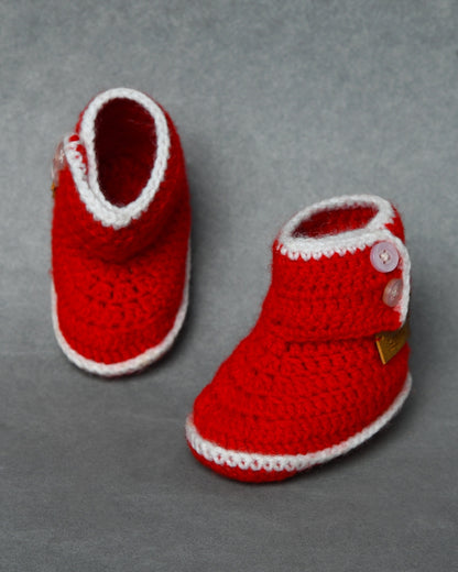 Red Handmade Woollen Crochet Baby Shoes for Girls & Boys