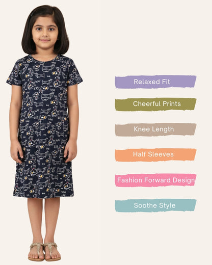 Girls Puppy Print 100% Cotton Nightdress - Black