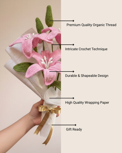 Handmade Crochet Premium Organic Thread Pink Lily Bouquet