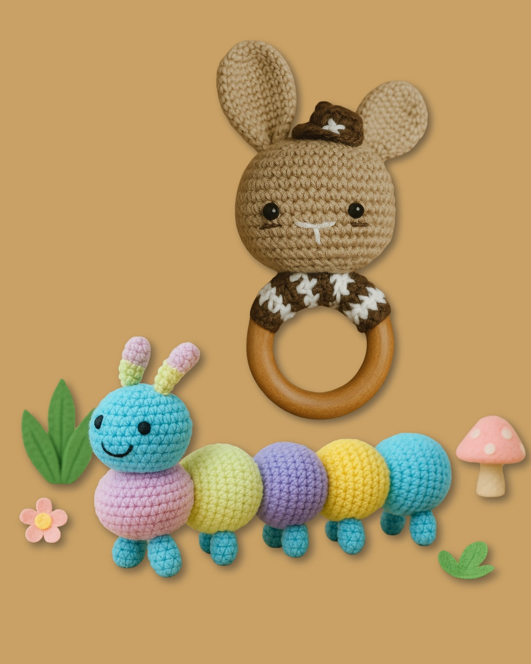 Handmade Crochet Cate the Caterpillar Toy and Bugs Bunny Rattle Set for Babies Soft and Safe