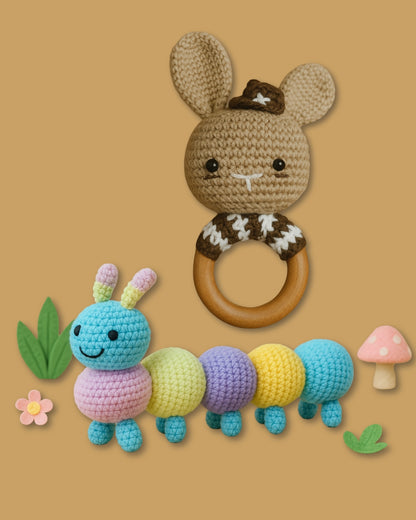 Handmade Crochet Cate the Caterpillar Toy and Bugs Bunny Rattle Set for Babies Soft and Safe