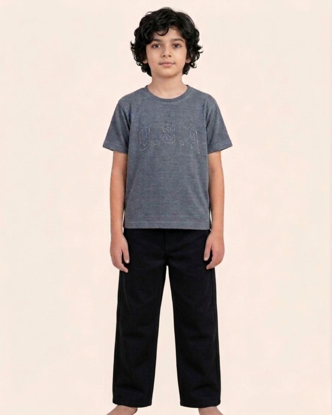 Navy Blue Stone Wash Solid T-Shirt with Black Bottom for Boys