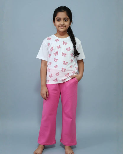 Bow Printed Premium Cotton Full Sleeves White T-Shirt with Pink Pyjama for Girls
