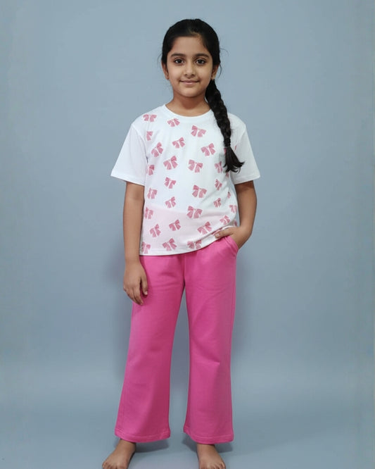 Bow Printed Premium Cotton Full Sleeves White T-Shirt with Pink Pyjama for Girls