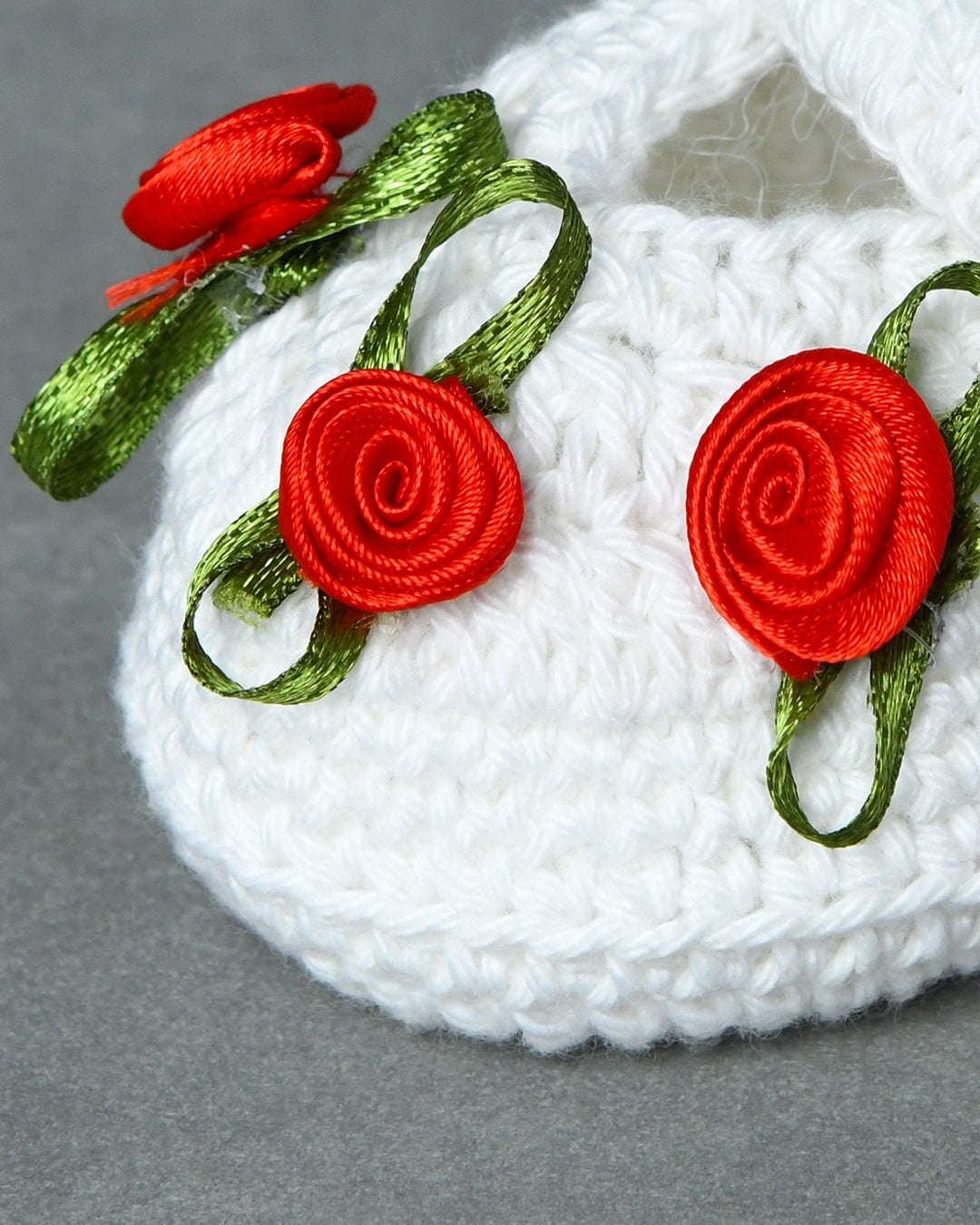 White Handmade Organic Thread Crochet Booties with Red Floral Embellishment for Girls