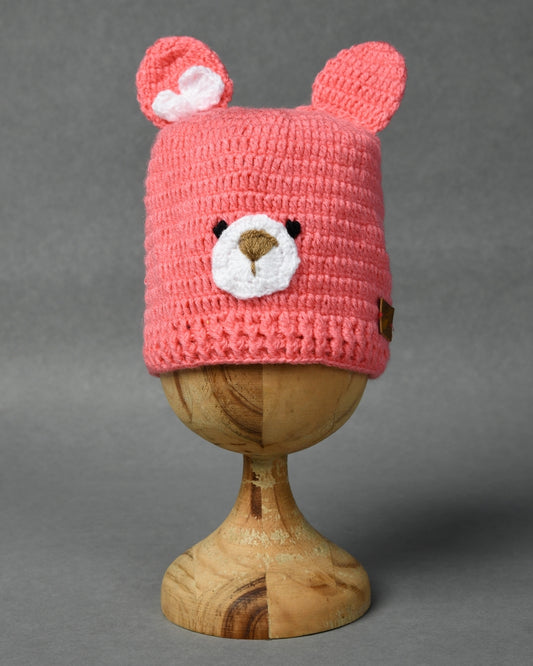 Pink Self Design Beanie Handmade Knitted Woollen Cap for Girls