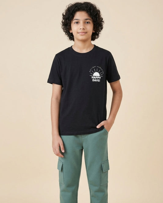 Typographic Printed Premium Cotton Half Sleeves Black T-Shirt with Green Jogger for Boys
